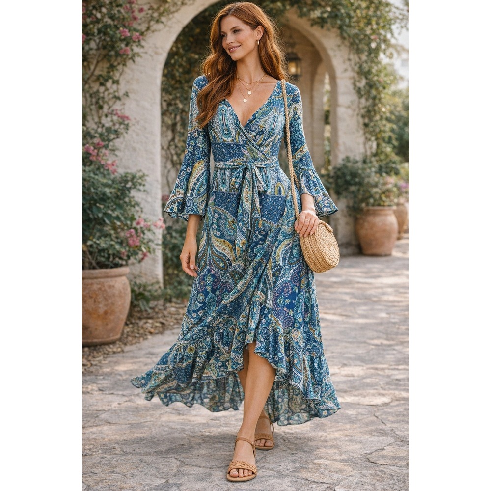 R.Vivimos Blue‎ Paisley V-Neck Bell Sleeve Ruffle High Low Wrap Maxi Dress Small